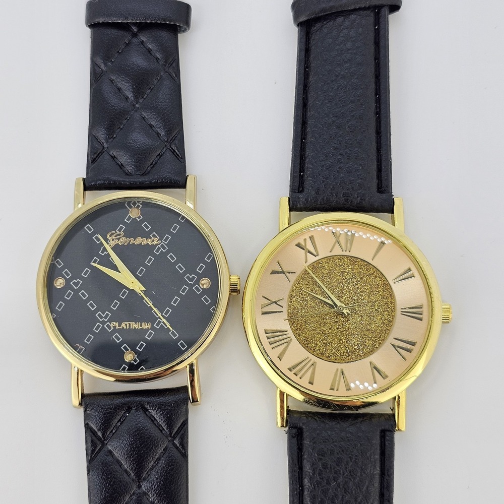 2X Women's Watch 38MM Black Gold Dial Black Gold Faux Leather Bands NEW Battery
